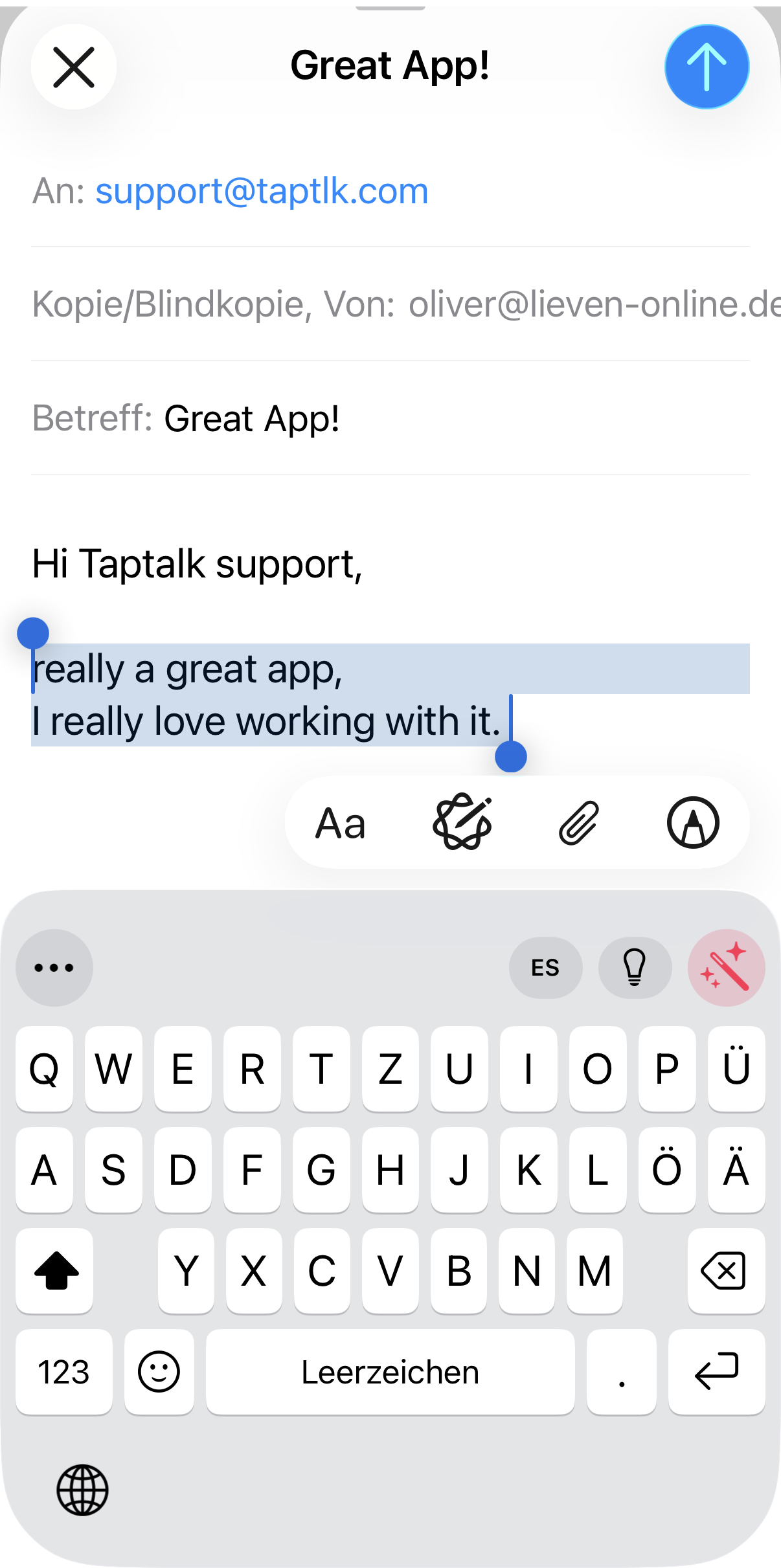 TapTalk keyboard active in Mail with selected text and the Refine button.