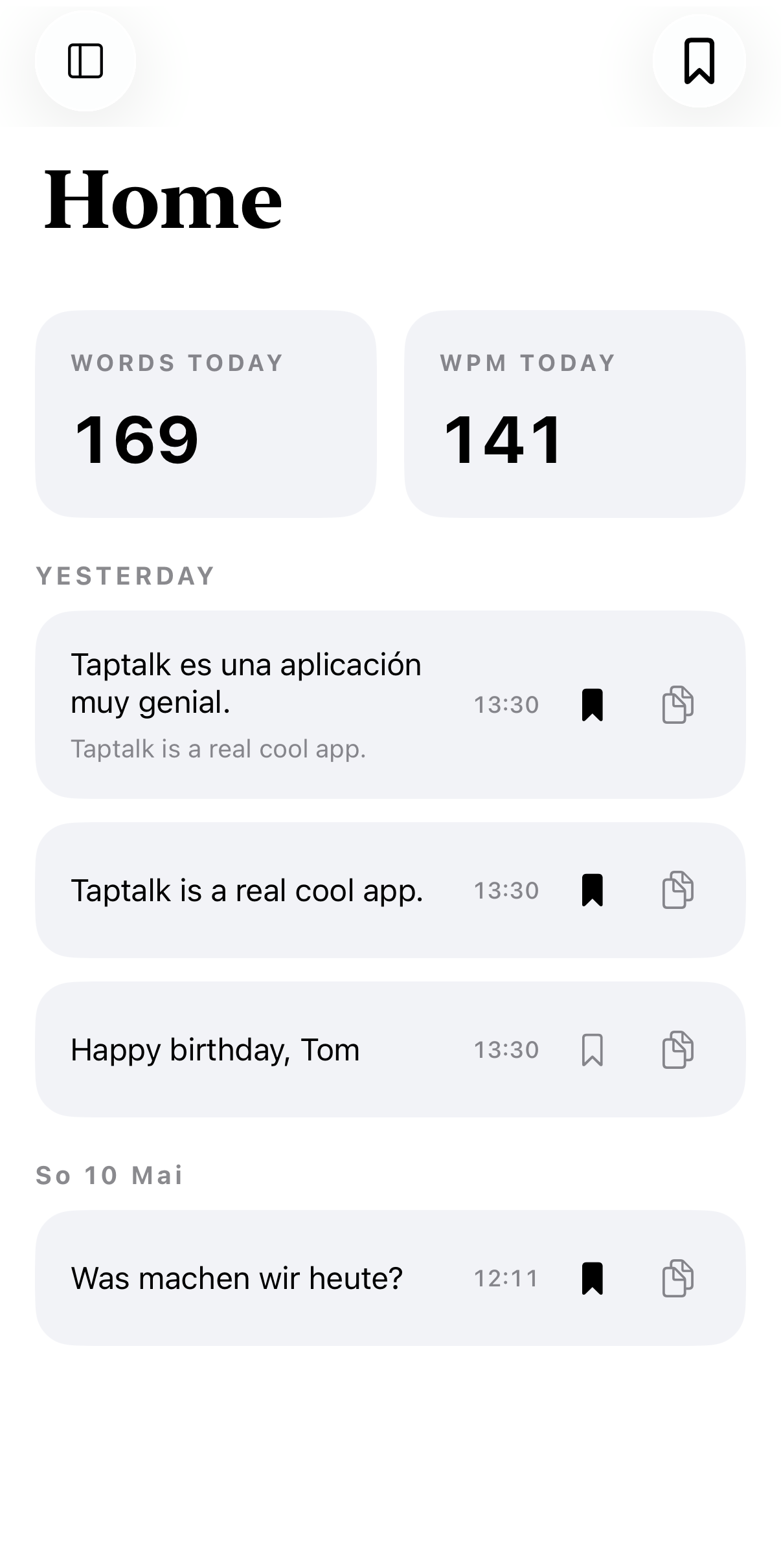 TapTalk iPhone home screen with dictation statistics and recent history.