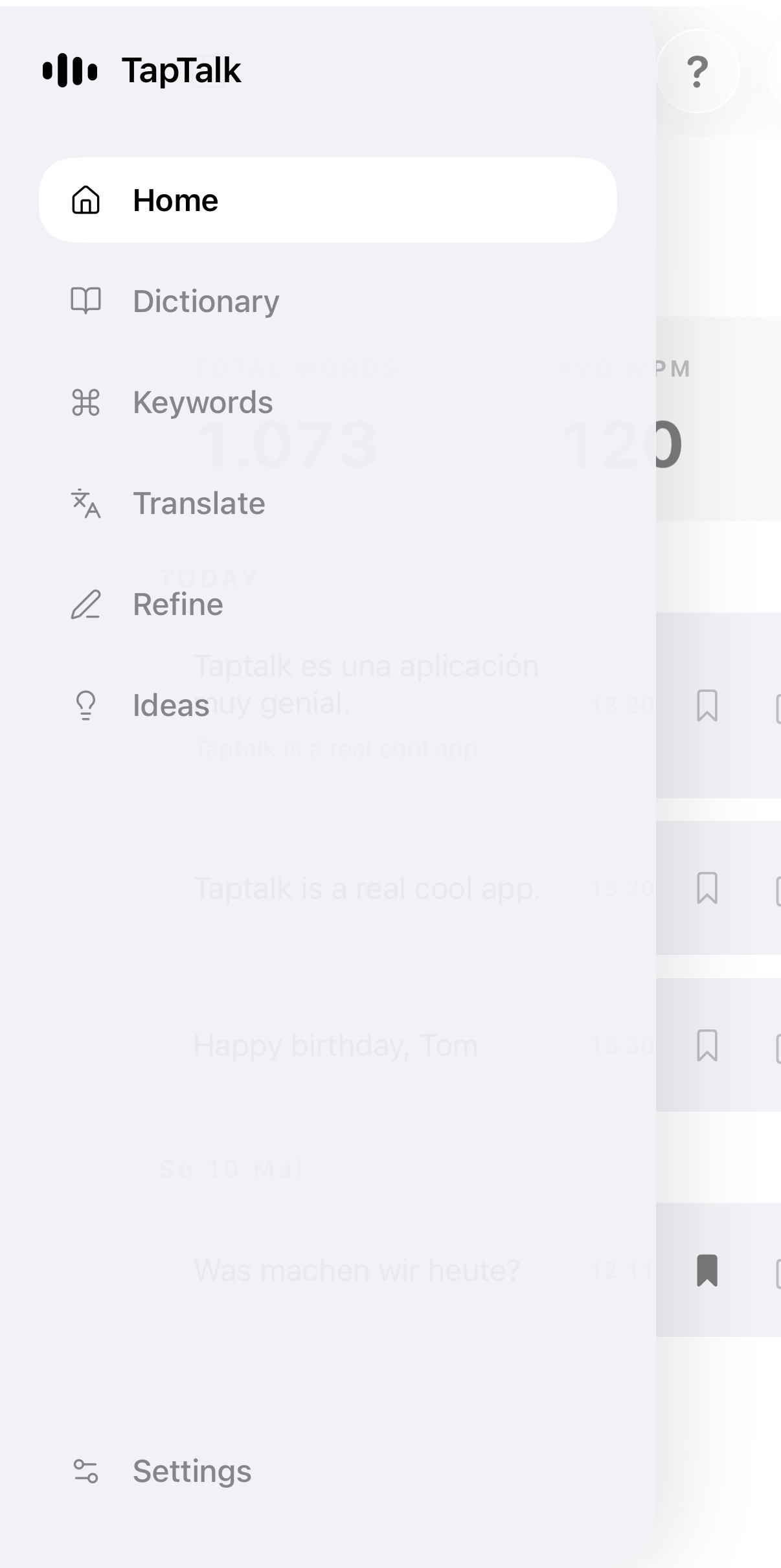 TapTalk iPhone app with the main navigation menu open.